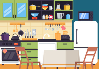 Kitchen home house room interior table cooking furniture. Vector flat graphic design element concept illustration