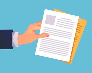 Businessman hand hold document paper agreement sheet report. Vector flat graphic design element concept illustration