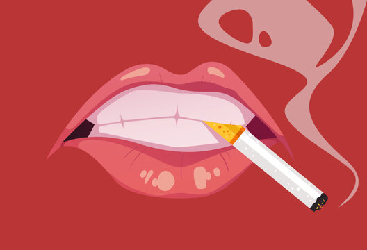 Cigarette in mouth woman lips smoke people.  Vector flat graphic design element concept illustration