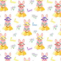 Pattern with a bunny in a skirt and hat