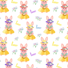 Fototapete Spielzeug Pattern with a bunny in a skirt and hat