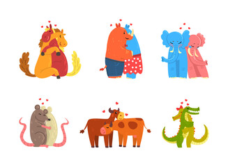 Couple of Animals in Love Embracing Each Other Vector Set