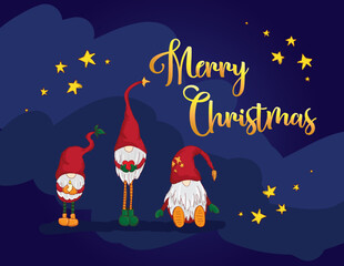 Three dwarfs, Santa`s elfs in red hats post card Merry Christmas. Blue background and gold letters. Sweet Christmas postcard.
