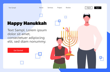 Son holds Hanukkah menorah in his hands and the father lights the candles. Jewish traditional holiday Hanukkah. Modern web page design template. Vector illustration concept for website development.
