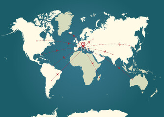 Vector world map with flight routes in vintage colours. Perfect for infographics, website, design, cover, annual reports, travel agneces, holidays, areospace companies.
