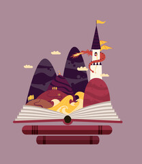 Purple, fairy tale landscape - princess in a tower guard by a dragon with knight wnated to save her. Children story coming out of the book.

