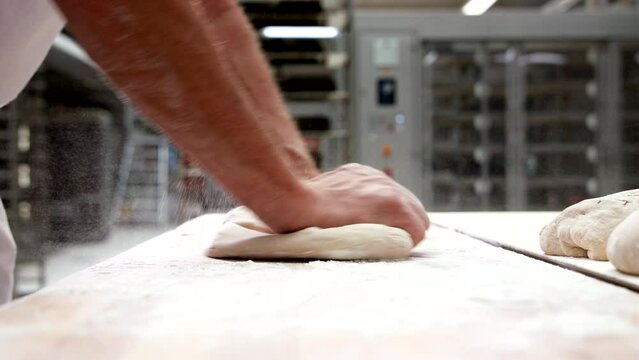B&auml;cker formt mit der Hand Teiglinge um danach Brot zu backen
