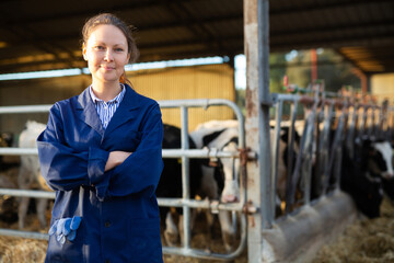 Portrait of cheerful woman working on farm breeding Holstein dairy cows posing in cowshed..