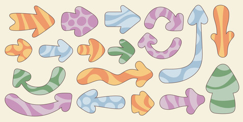 Groovy hippie 70s rounded arrow set. Funny fat cartoon arrows, vectors trendy retro psychedelic cartoon style. Isolated vector illustration. 60's Flower power style, illustrator EPS