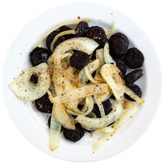 Slices of fried morcilla, blood sausage with rice, served with caramelized onions. Traditional...