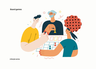 Lifestyle series - Board games - modern flat vector illustration of people playing a board card game with a dice. People activities concept © grivina