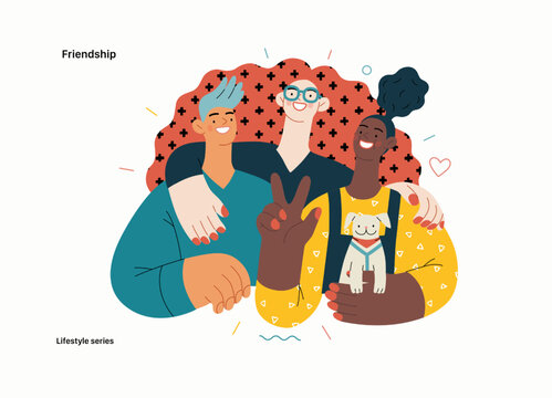 Lifestyle series - Friendship - modern flat vector illustration of a happy young man and women embracing and posing together. People activities concept