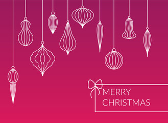 Different kinds lined baubles - balls hanging set on pink background. Simple design Merry Christmas postcard. Simple, modern company xmas card design.

