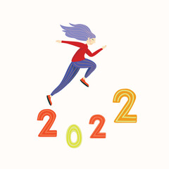 Woman with purple hair in red blouse and blue trousers jumping on numbers 2022. Jumping thru 2022 year. Cheerfull story about  achieving ones goals ang going for what you want and need.
