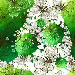 Beautiful seamless pattern of butterflies and green blots. Hand painted background. Vector illustration.