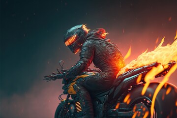 Motorcycle rider driving through fire and flames