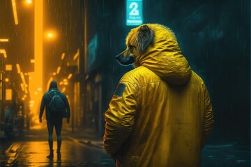 Fototapeta na wymiar Antropomorphic Golden Retriever character in yellow jacket on the rainy night city street in Cyberpunk illustration style.