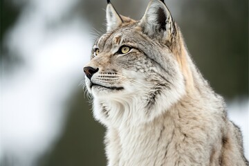 Naklejka na ściany i meble Profile portrait of a lynx (bobcat) in the winter forest snow