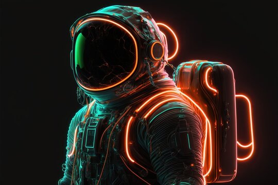 Neon astronaut in space suit with glowing lights isolated on black background. Profile view.
