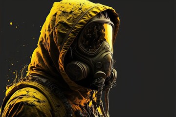 Man in yellow hooded hazmat suit and black gas mask. Apocalypse gear. Isolated on black background.