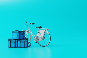 Fototapeta na wymiar White bicycle with a bag with food on a blue background. Concept of food delivery by bicycle, food courier. 3d rendering, 3d illustration.