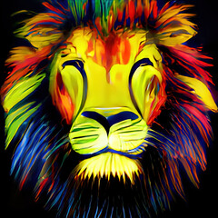 Painted multicolored lion head. Generative AI