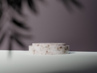 A marble landing on a dark background with a leaf shadow. The concept of product presentation, product insertion, abstract platform. 3D render; 3D illustration.