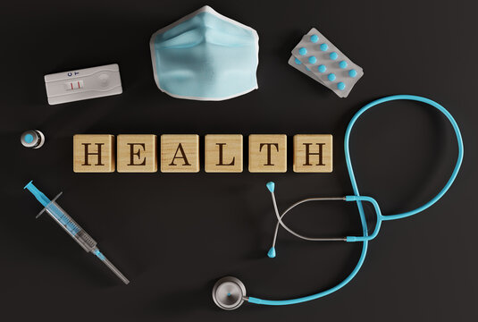 Medical equipment as syringe, stethoscope, mask, tests on the background of cubes with the inscription HEALTH. Medical and health care concept, health care and care. 3D render; 3D illustration.