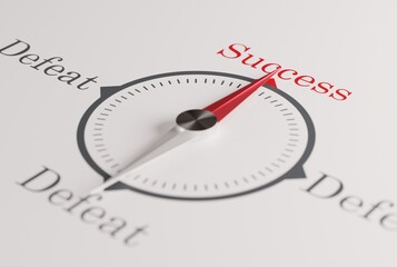 Compass pointing in the direction of success. The concept of winning, achieving success. A compass showing the direction of success instead of fail. 3D render, 3D illustration.