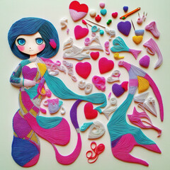 Seamstress crafting environment with various fabrics, materials and other sewing tools. Girls and hearts. Generative AI
