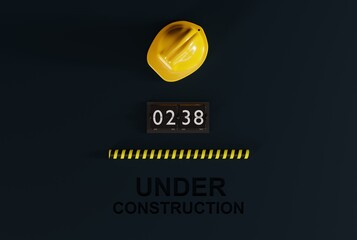 A construction helmet and a countdown clock with SOON written under construction. Concept of renovation, preparing something, building. Warning against road and construction works. 3D illustration.