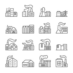 Industrial buildings icons set. Factory, business center, storage, production building with chimney and smoke, linear icon collection. Line with editable stroke