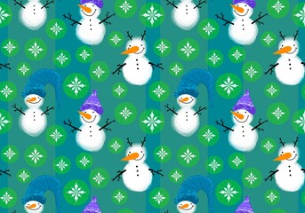 Winter seamless snowman and snowflakes pattern for Christmas wrapping paper and kids notebooks