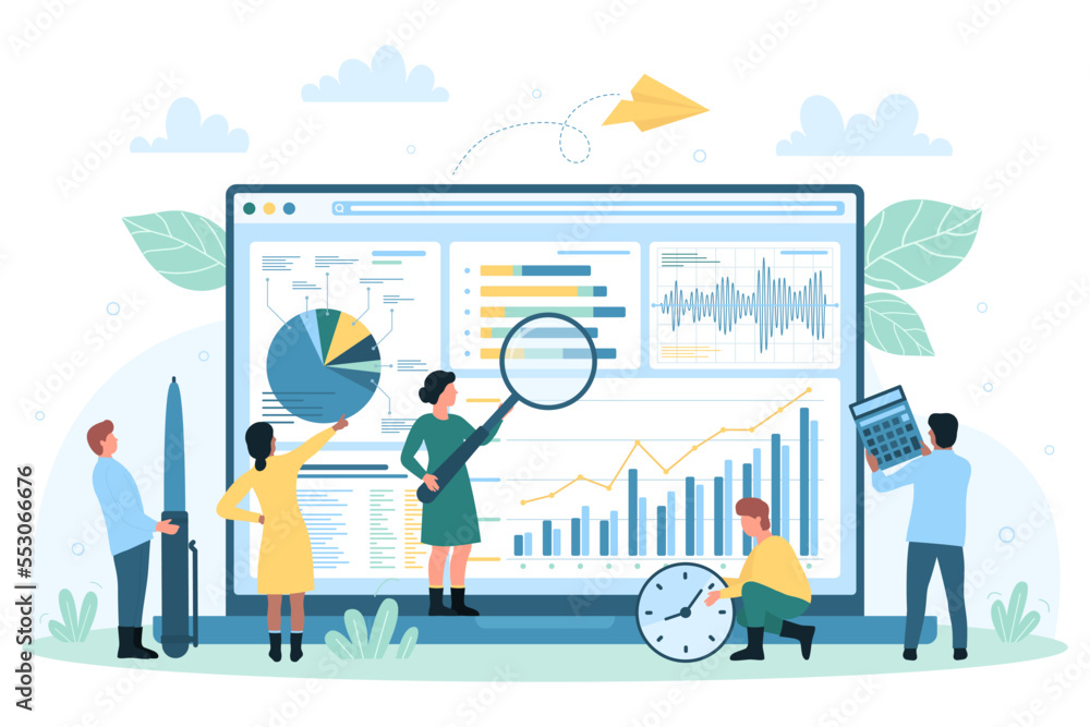 Poster data monitoring and analysis on desktop vector illustration. cartoon tiny people with magnifying gla