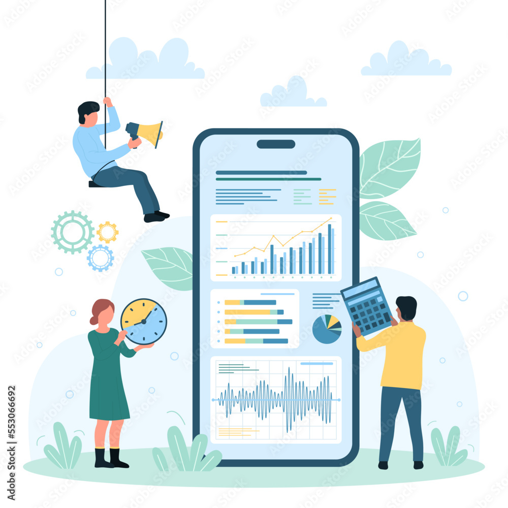 Poster digital data analysis vector illustration. cartoon tiny people monitor finance graphs and charts in 