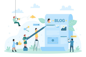 Creative blog post, content creation vector illustration. Cartoon tiny people create article with images and video for social media, author blogger storytelling and writing with pencil on paper