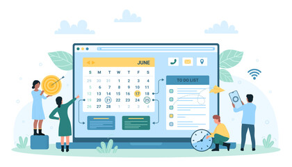 Effective time management vector illustration. Cartoon tiny people work with settings of calendar app and to do list on laptop screen, managers plan corporate meetings, business training events