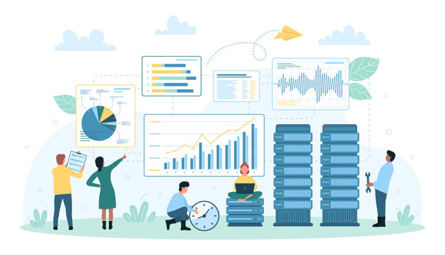 Business data analysis on dashboard, analytics vector illustration. Cartoon tiny people monitor financial graphs and charts, marketing report, research and control digital statistics with software