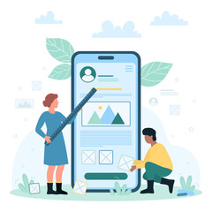 Mobile app development process vector illustration. Cartoon tiny people holding ruler and design elements to create prototype mockup online, develop interface of application product on phone screen