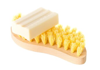 Close up of bristle brush with wooden handle and piece of cleaning soap bar, household cleaning...