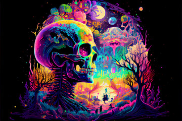 Obraz premium Generative AI abstract render of a psychedelic human skull