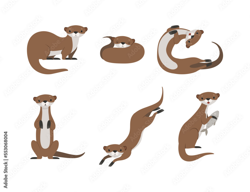 Sticker Sea Otter as Marine Mammal and Aquatic Creature with Brown Coat and Long Tail Sitting and Swimming Vector Set