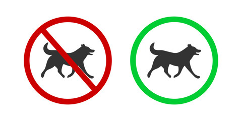 Dogs prohibited and allowed icon. Pets walking ban and friendly zone pictogram. Canine silhouette in red forbidden and green approved sign isolated on white background. Vector flat illustration