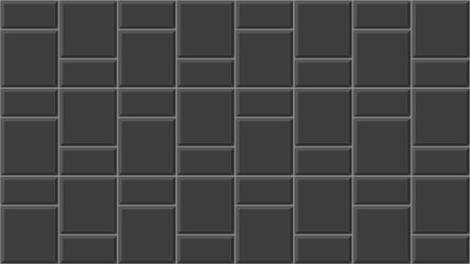 Black basket weave tile mosaic layout. Causeway texture. Stone or ceramic brick wall background. Kitchen backsplash pattern. Bathroom, shower or toilet floor decoration. Vector flat illustration