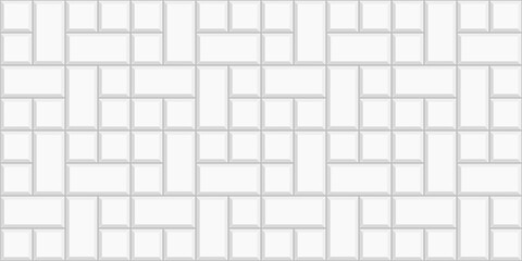 White pinwheel tile horizontal background. Causeway texture. Stone or ceramic brick wall. Kitchen backsplash mosaic surface. Bathroom, shower or toilet floor decoration. Vector flat illustration