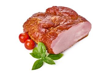 Sliced smoked pork loin, isolated on white background.