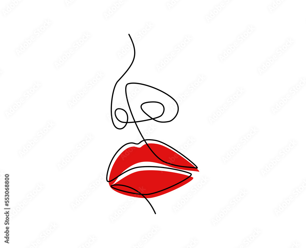 Poster one continuous line drawing of lips with red lipstick. modern face portrait of makeup in simple line