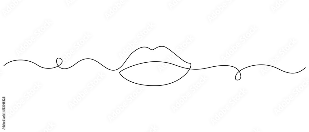 Poster one continuous line drawing of mouth and lips. concept symbol of makeup and lipstick in simple linea