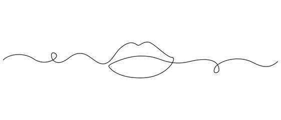 One continuous line drawing of mouth and lips. Concept symbol of makeup and lipstick in simple linear style. Mascot icon for posters, cards, banner editable stroke. Doodle vector illustration