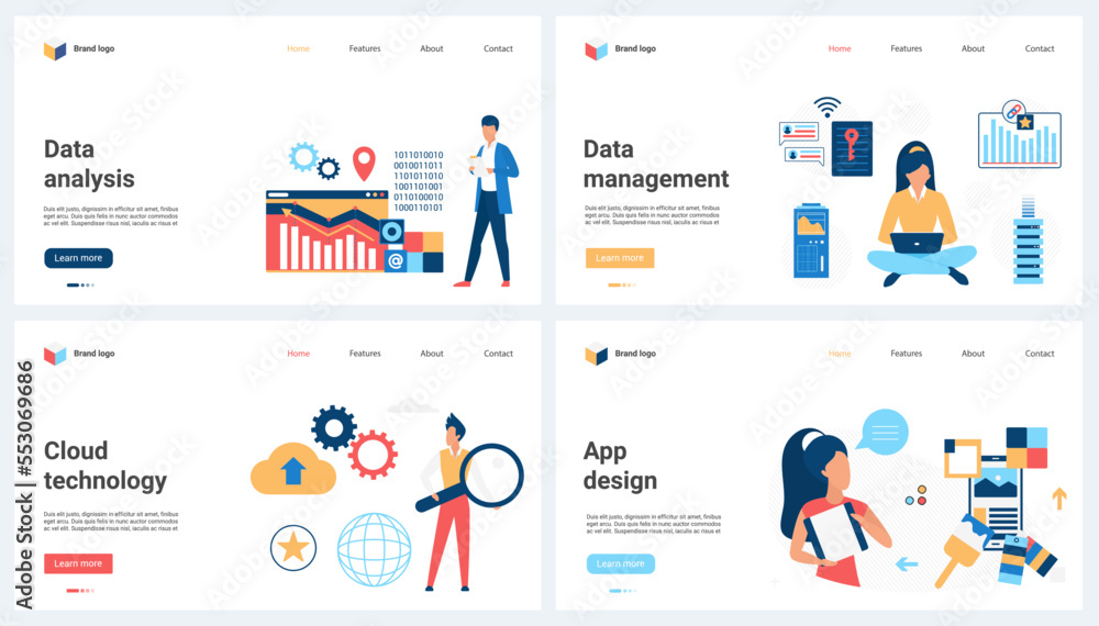 Poster data analysis and management with cloud technology, mobile app design set vector illustration. carto